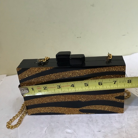 Lulu NYC NEW Zebra Acrylic Box Clutch Glitter Crossbody Shoulder Bag Gold Black - Picture 13 of 16